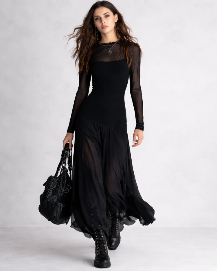 Neroa | Robe longue noire en tulle à coupe confortable