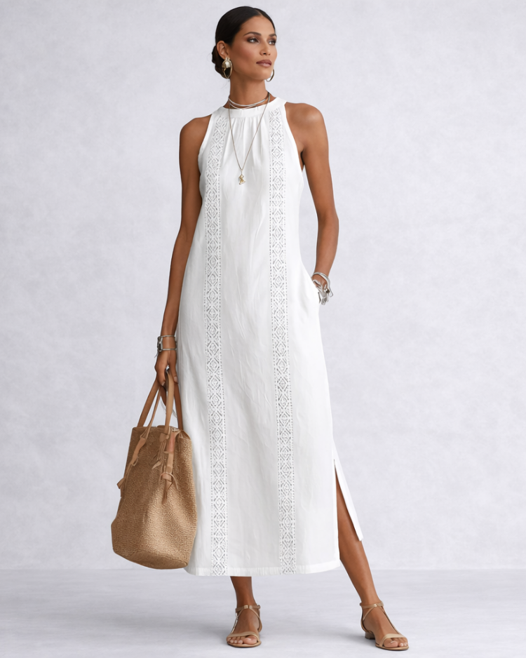 Jimena | Robe midi en lin à col Mao