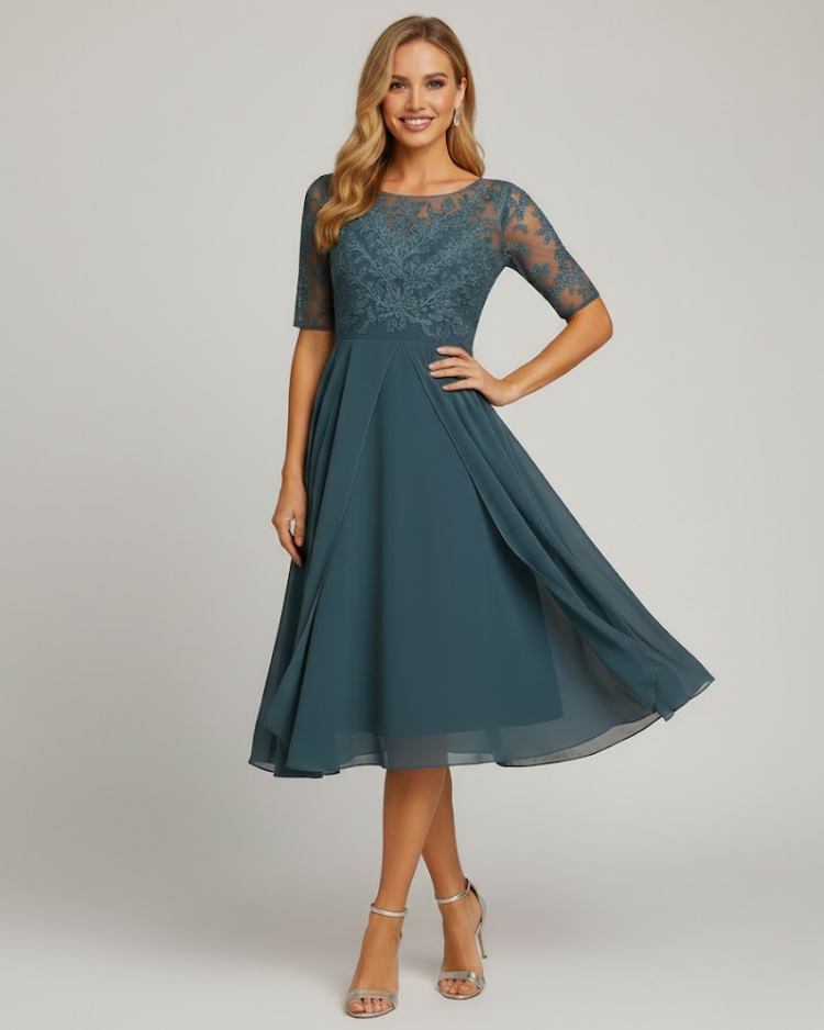 Jacinthe | Robe midi élégante à manches en dentelle