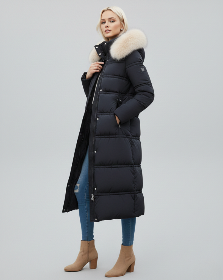 Aurora | Long manteau ajusté à capuche en fausse fourrure